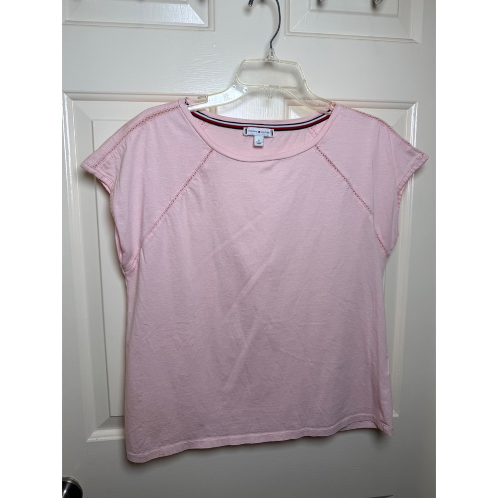 Tommy Hilfiger Womens Light Pink Cotton Lace Trim Raglan Short Sleeve Top M